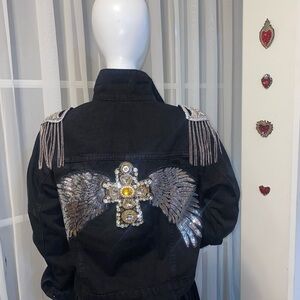 Embellished Black Denim Jacket with Silver Accents